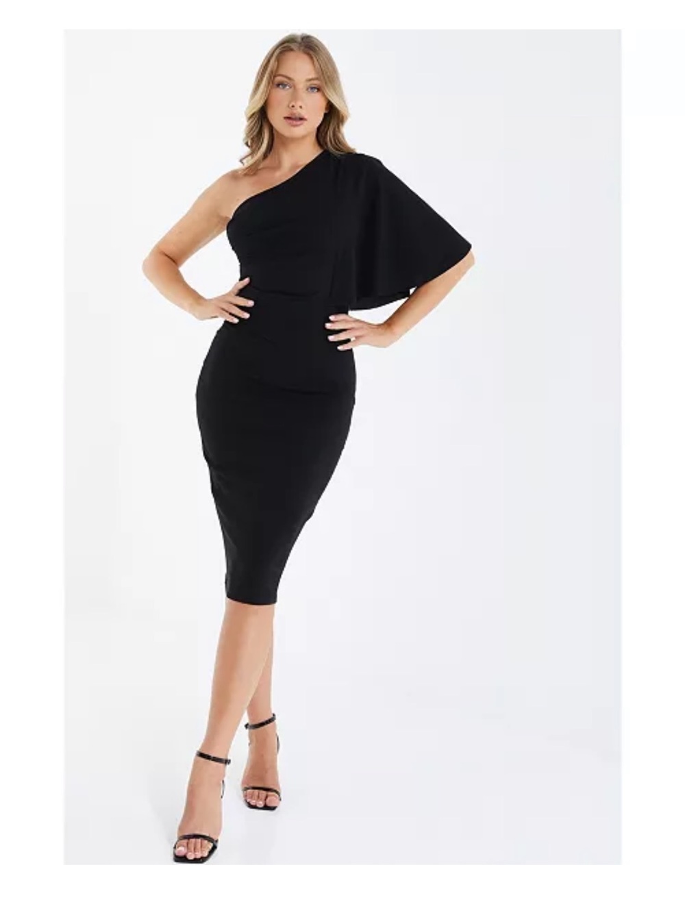 Quiz Asymmetric One-Shoulder Black Midi Dress Sz 8 NWT